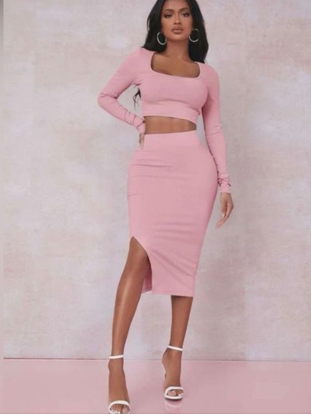 SHEIN Blush Pink Ribbed Midi Pencil Skirt with Side Slit